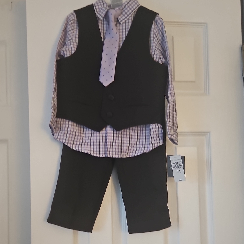 Van Heusen Black Suit with Purple Checkered Shirt